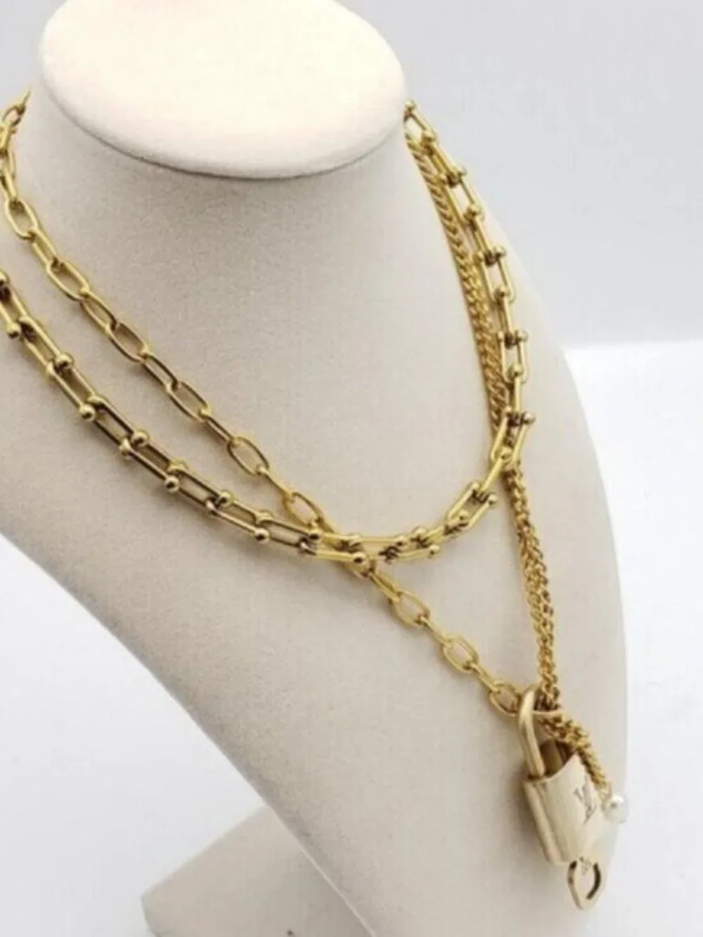 Double Chain Necklace with Authentic Louis Vuitton Padlock Pendant & Fresh Pearl